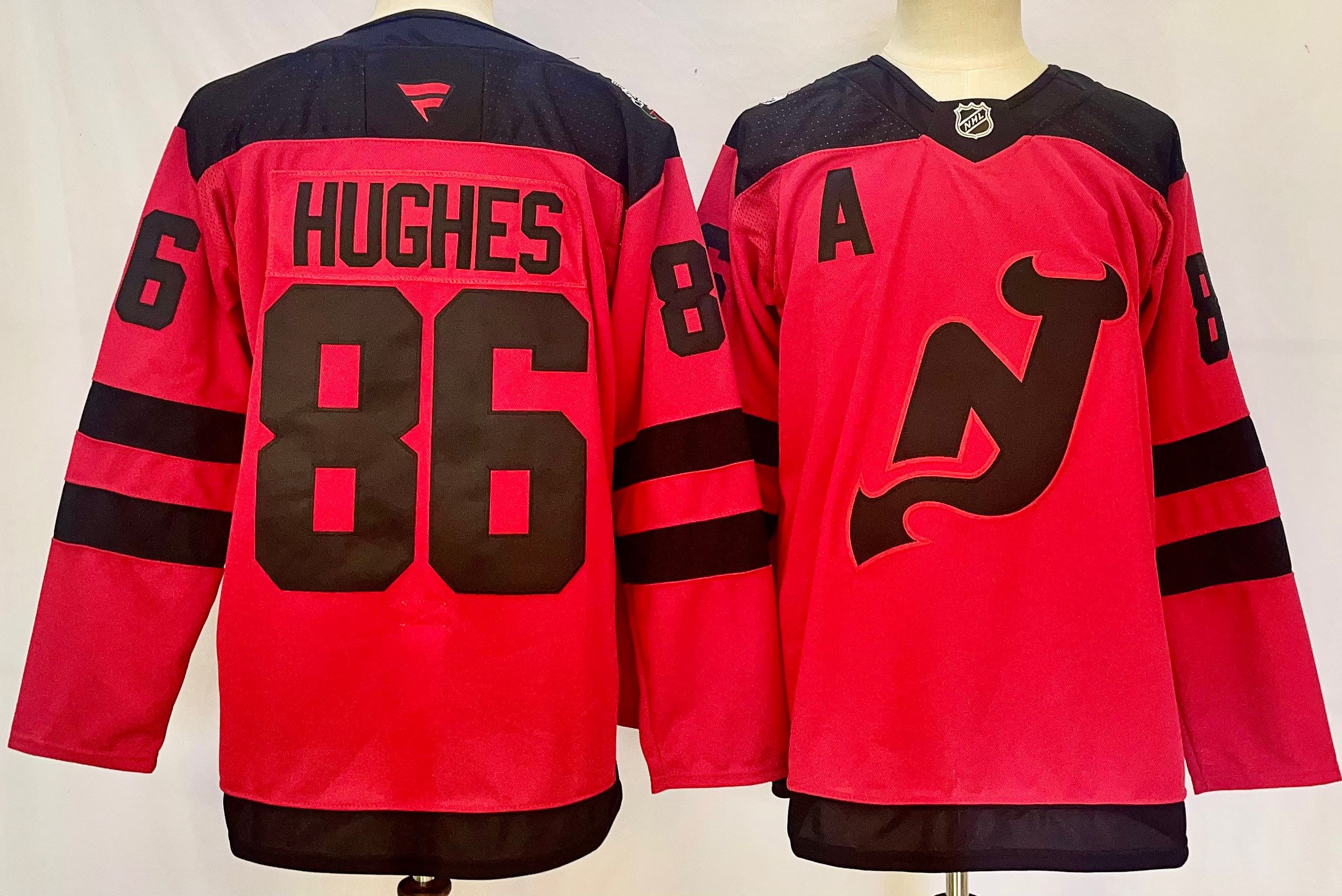 Men New Jersey Devils 86 Hughes Red 2025 Home Premier Player NHL Jerseys